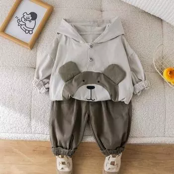 Костюм для мальчика, новый осенне-зимний комплект из двух предметов с длинными рукавами и длинными штанами, милый детский комплект одежды с медвежонком S серый