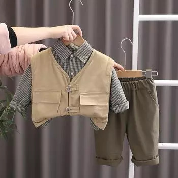 Костюм для мальчиков 0-5 лет, детский жилет на весну и осень, модная рубашка в клетку с длинными рукавами, повседневные длинные брюки, комплект из трех предметов S зелёный