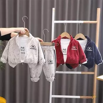 Костюм для мальчиков 0-5 лет, детская спортивная одежда с длинными рукавами, комплект из трех предметов: куртка на молнии + топ с круглым вырезом + повседневные брюки для мальчиков и малышей S бежевый