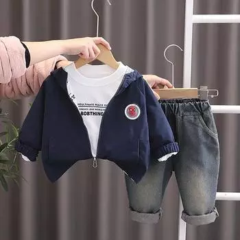 Костюм для мальчиков 0-5 лет Детская двухсторонняя куртка с длинными рукавами Круглый вырез Белый топ Повседневные джинсовые брюки Комплект из трех предметов S зелёный