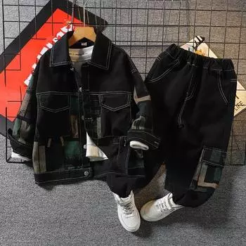 Костюм для мальчиков на весну и осень, красивый, детский, средний и большой, с длинными рукавами, джинсовая куртка + брюки, комплект из двух предметов 170 чёрный