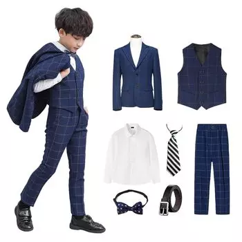 Костюм для мальчиков, официальная одежда для детей, клетчатый галстук-бабочка, комплект из 7 предметов, классная церемония вступления, выпускной [alice-eshop] Детская куртка, жилет,