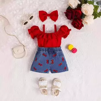 Костюм для маленьких девочек, однотонный топ на подтяжках с рукавами-фонариками в виде листьев лотоса + джинсовые шорты с вышивкой для младенцев, летняя одежда 6-9M красный