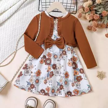 Костюм для малышей 2-8 лет, новые модели для девочек на весну и осень, платье с принтом + вязаный кардиган, детская одежда на весну и осень 90cm коричневый