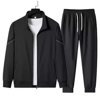 Костюм для отдыха мужской, весна-осень, простой спортивный кардиган с воротником-стойкой и капюшоном, комплект из двух предметов XXXL чёрный