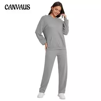 Костюм для отдыха с капюшоном, женская пижама, вафельный свободный костюм с длинными рукавами и длинными брюками, одежда для отдыха S розовый