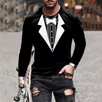 Костюм для отпуска на весну и осень, мужская футболка с длинными рукавами и принтом банта, фрак с галстуком, круглый вырез, большой размер, удобный, длинный рукав S