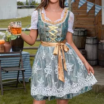 Костюм для пивного фестиваля Баварский женский костюм для выступлений Платье с квадратным вырезом и цветочным принтом(Без кружевной подкладки) XL зелёный