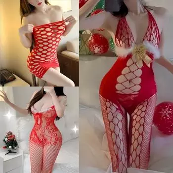 Костюм для рождественской вечеринки, сексуальное женское нижнее белье, открытый промежностный комбинезон, женская эротическая одежда, платье-бэбидолл, нижнее белье One Size