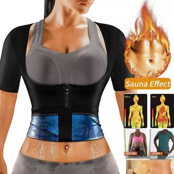 Костюм для сауны для женщин, компрессионная рубашка для похудения, спортивный костюм, тренажер для талии, жилет для фитнеса, утягивающая майка для похудения, топы на бретелях, корректирующее белье S/M чёрный/серебряный