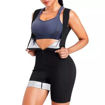 Костюм для сауны для женщин, спортивный жилет, шорты для сауны, боди, тренировочные майки, корректирующее белье, тренажер для талии, формирователь всего тела с комбинезоном на молнии S чёрный/синий