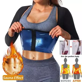 Костюм для сауны с улавливанием тепла для женщин, спортивный жилет для сауны с длинными рукавами для похудения, формирователь талии, футболка для тренировок, корректирующее белье, рубашка для фитнеса, верхняя куртка 2XL/3XL чёрный/серебряный