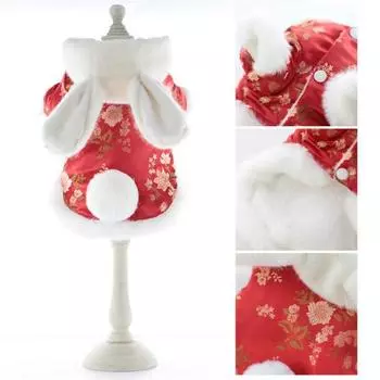 Костюм для собак Yousheng Dog Tang, тонкая работа, легко носить, цветочные узоры, шапка с ушками кролика, пальто для питомца на Новый год S красный