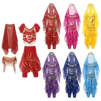 Костюм для танца живота для девочек, комплект из 4 предметов, укороченный топ со шнуровкой сзади, рукава-фонарики, брюки с оборками, шарф на бедрах и платок на голову 2-3 Years красный