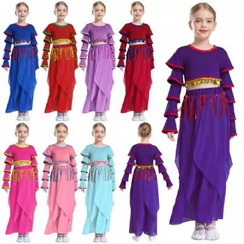 Костюм для танца живота на Хэллоуин для девочек, укороченный топ с пайетками и кисточками, многоуровневые рукава с оборками, широкие брюки, карнавальный комплект 7-8 Years красный