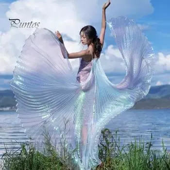 Костюм для танца живота с выдвижной палкой, женское раздвоенное египетское профессиональное крыло, 360 градусов, взрослое сценическое выступление, крыло ангела-бабочки серебряный