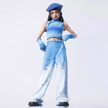 Костюм для выступлений джазовых танцев для девочек на весну и лето, для детей среднего и старшего возраста, индивидуальный свитер с топом + джинсы в стиле хип-хоп, комплект из двух предметов 180