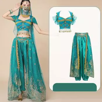 Костюм для выступления Принцесса Жасмин Экзотический костюм для танца живота Женский костюм для танца в стиле вестерн-мейден XL синий