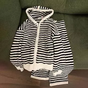 Костюм для женщин осень зима свободный утолщенный капюшон брюки флис полосатый повседневный из двух частей пижамный костюм M