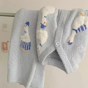 Костюм для женщин осень зима свободный утолщенный мягкий верх брюки флис однотонный повседневный двухкомпонентный пижамный костюм M синий