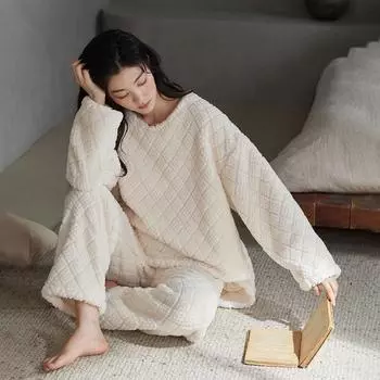 Костюм для женщин осень зима свободный утолщенный мягкий верх брюки флис однотонный повседневный двухкомпонентный пижамный костюм M