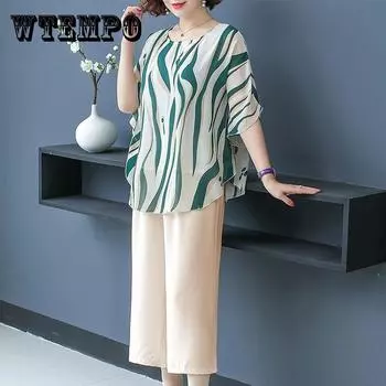 Костюм-двойка для мам среднего и пожилого возраста, летняя одежда, шифоновая рубашка, блузка, 40-50 лет, летний модный женский костюм XXXL