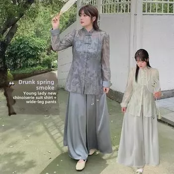 Костюм-двойка для женщин больших размеров в китайском стиле с воротником-стойкой в стиле ретро и узором «бабочка» на раннюю осень 1XL