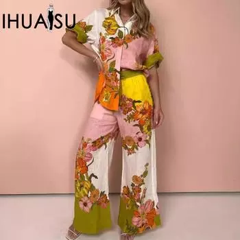 Костюм-двойка из хлопка и льна с принтом IHUASU + широкие брюки S