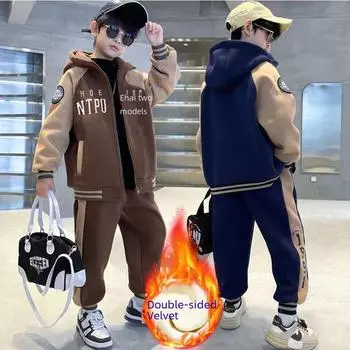 Костюм-двойка из плюша для мальчиков на осень/зиму 2024 года — модный и теплый. Thin suit, 140 yards тёмно-синий