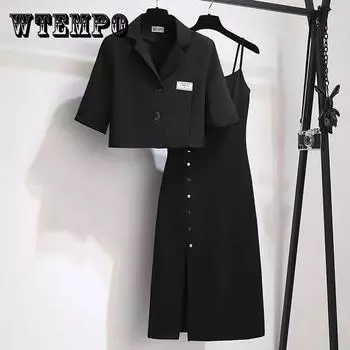 Костюм-двойка Платья на подтяжках Женский костюм Черный простой костюм Короткая повседневная куртка + платье на подтяжках Черный костюм XXXL чёрный