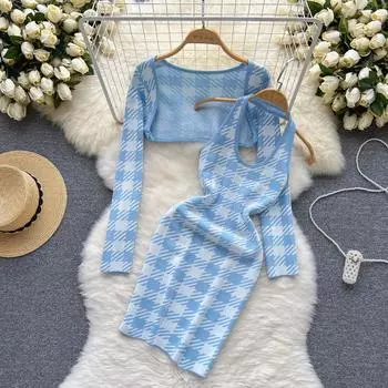 Костюм-двойка Pure Desire, женское клетчатое платье с бретелькой на шее, платье на бедрах, вязаный кардиган с длинными рукавами, короткое пальто