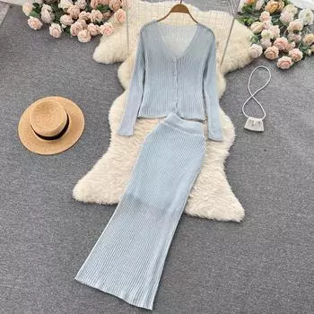 Костюм-двойка RUGOD, женский осенний вязаный кардиган с длинными рукавами, топ, юбка-пачка средней длины