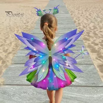 Костюм феи со светодиодными крыльями бабочки для девочек, светящаяся юбка из тюля, повязка на голову, подарок на вечеринку в стиле косплея, рождественский наряд 3pcs красный