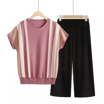 Костюм Футболка с короткими рукавами для женщин среднего возраста, свободный женский свитер Ice Silk, топ и брюки, комплект из 2 предметов XXXXXL зелёный