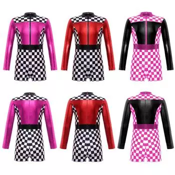 Костюм гонщика для девочек, костюм гонщика с длинными рукавами и клетчатым принтом, цветной блок, лоскутный короткий комбинезон на молнии сзади, карнавальный костюм 3-4 Years чёрный