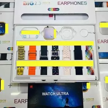 Костюм i20 Ultra 2 Max: Умные часы 10-в-1 с беспроводной зарядкой, пульсометром и датчиком артериального давления, в комплект входят наушники и футляр для часов Black