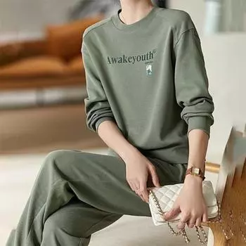 Костюм из 2 предметов, женский свитер с длинными рукавами, брюки, спортивный повседневный удобный костюм из двух предметов S зелёный