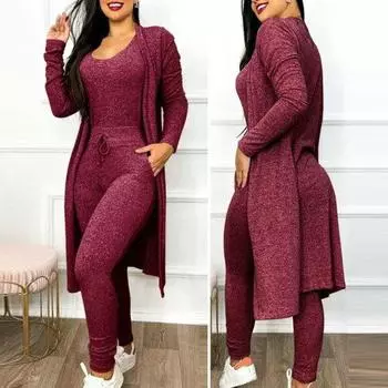 Костюм из 2 шт./компл., женский комбинезон, комплект пальто, сплошной цвет, U-образный вырез, эластичный шнурок, облегающий крой, карманы с высокой талией, кардиган средней длины, домашняя одежда, спорт S темно-зеленого