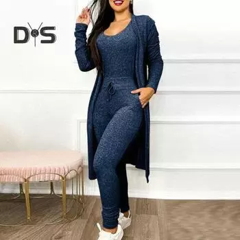 Костюм из 2 шт./компл., женский комбинезон, комплект пальто, однотонный, с U-образным вырезом, эластичный шнурок, приталенный, с карманами с высокой талией, кардиган средней длины, домашняя одежда, спортивная одежда S синий