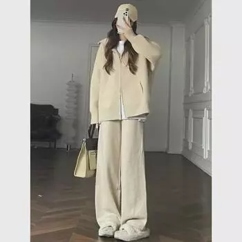Костюм из двух частей: молочный трикотажный свитер и широкие брюки — модный и повседневный на осень/зиму 2024 года XL (135-140 lbs)