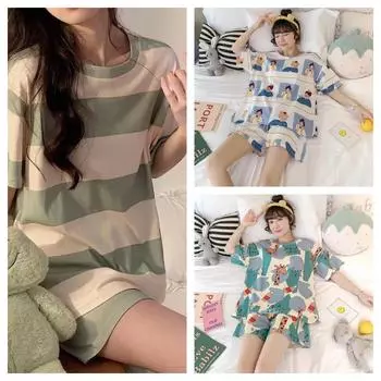 Костюм из двух частей, полосатая пижама, женские летние шорты с короткими рукавами, тонкие, маленькие, свежие, милые, для молодых девушек, домашняя одежда, подарки на день рождения One size