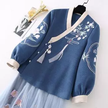 Костюм из двух частей в китайском стиле Тан в стиле ретро, повседневный костюм 2XL белый/синий