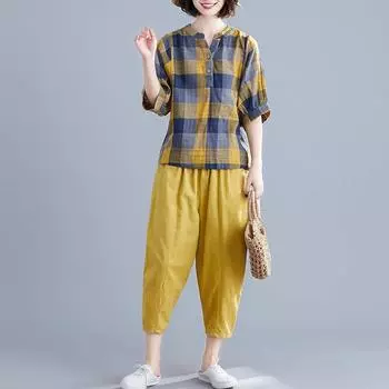 Костюм из двух частей, женский костюм большого размера, женская летняя хлопковая клетчатая рубашка, свободные брюки Nine Points, костюм из двух частей