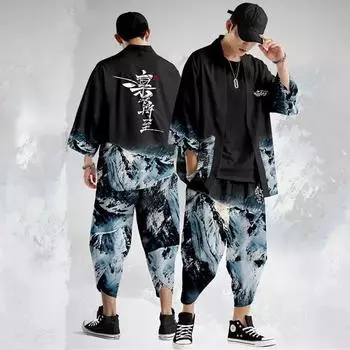 Костюм из двух предметов, японский кардиган для женщин и мужчин, косплей юката, одежда Harajuku, самурайское кимоно + комплекты брюк 6XL