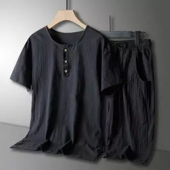 Костюм из хлопка и льна с короткими рукавами, мужской свободный костюм в китайском стиле с круглым вырезом большого размера для летнего отдыха и спорта, состоящий из двух частей 6XL чёрный