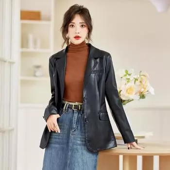 Костюм из натуральной кожи куртка для женщин весна и осень новый темперамент тонкий тонкий кожаный пиджак топ M