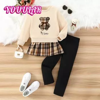 Костюм из толстовки и брюк для девочек, толстовка цвета хаки с имитацией медведя, клетчатые брюки и юбка, детский комплект из двух предметов 5-6Y