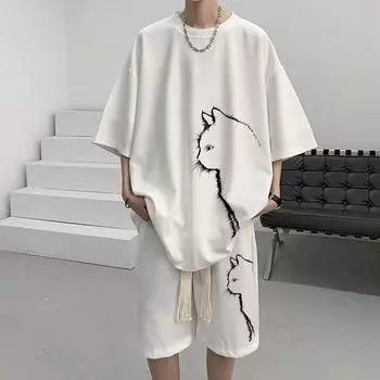 Костюм из вафельной ткани, мужская мода, спортивная повседневная футболка, летние шорты для мальчиков, мужской свободный костюм-двойка с принтом кота XXXXXL белый