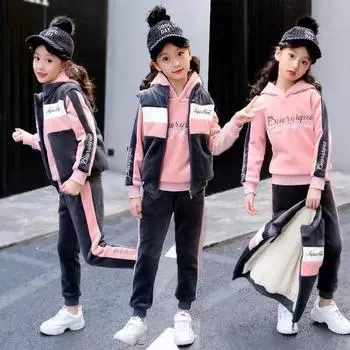 Костюм из золотого бархата для девочек на осень и зиму, детская спортивная одежда в корейском стиле, костюм-тройка для девочек 160 розовый