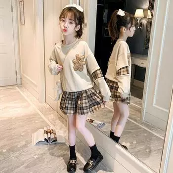 Костюм JK для девочек, весенне-осенний модный милый удобный повседневный хлопковый свитер, клетчатая плиссированная юбка 110 абрикосовый